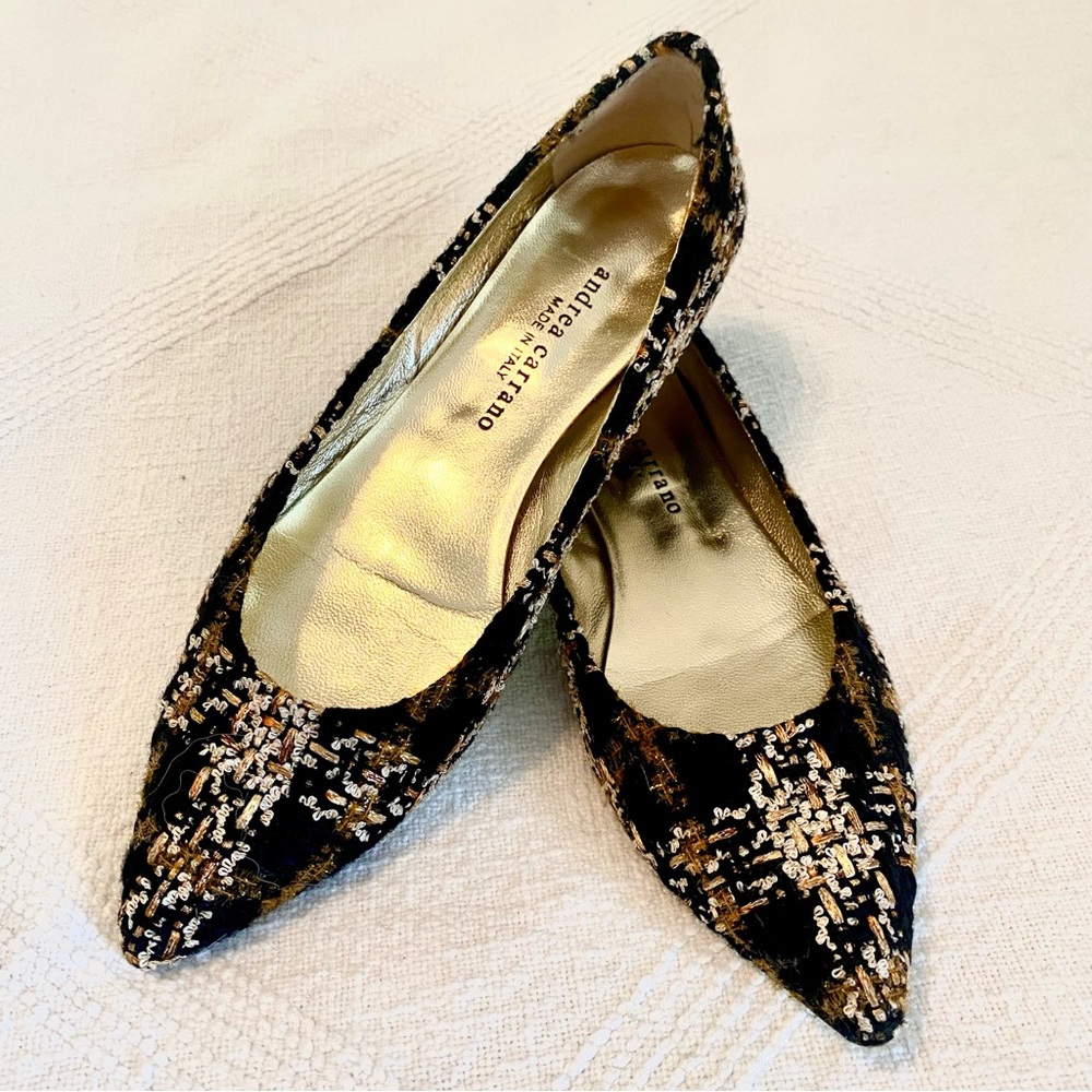 Andrea Carrano Jaky Lauren Black & Gold Wool Plaid Flats US9 EU39